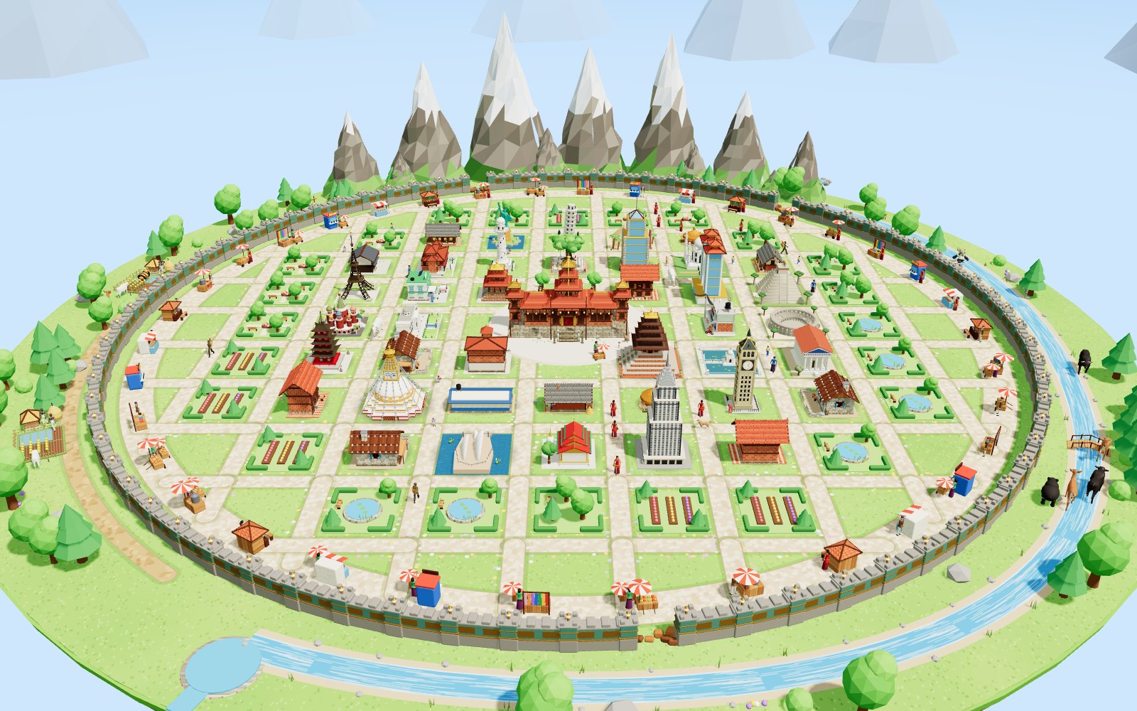 A walled city on a floating island: a golden Newar palace in the centre, cobbled lanes, parks, world landmarks, a river and snowy mountains behind.