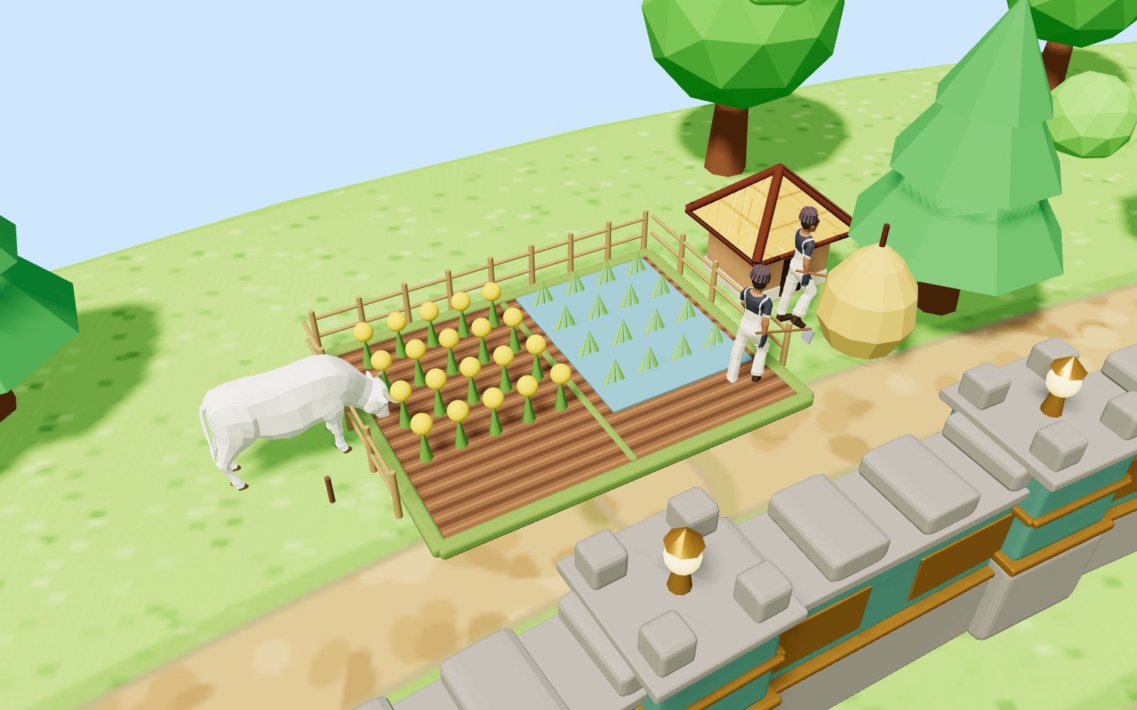 A small farm outside the city wall with mustard, a rice paddy, a mud hut and a cow.