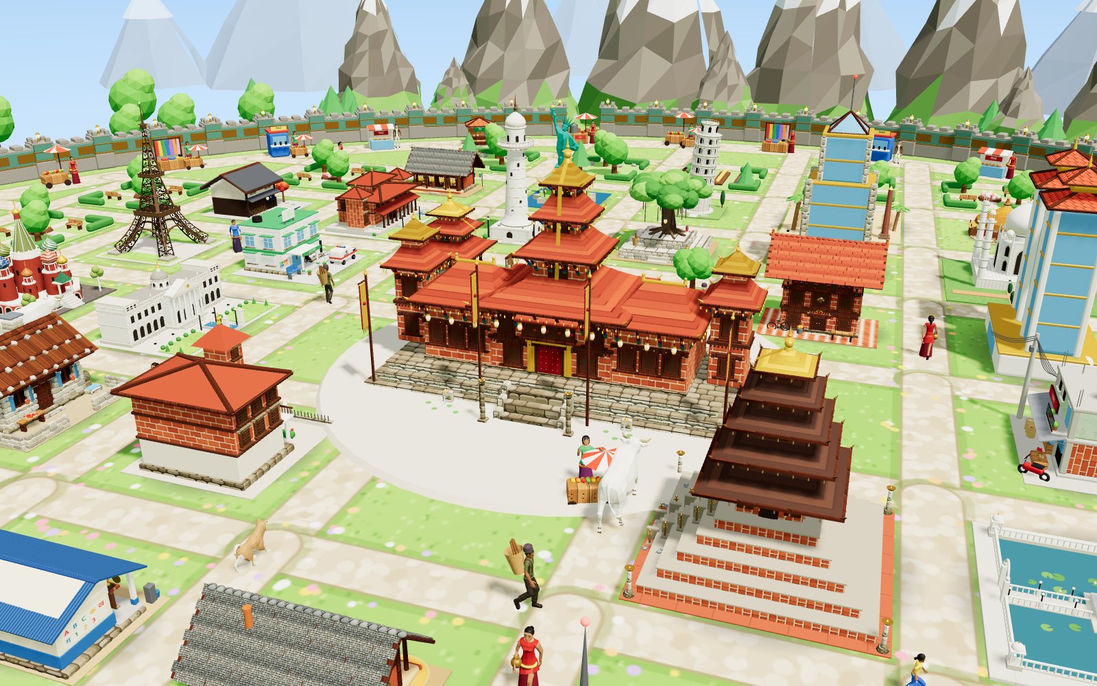 The golden Newar palace at the heart of a level 20 city, with pagoda towers and lanterns.