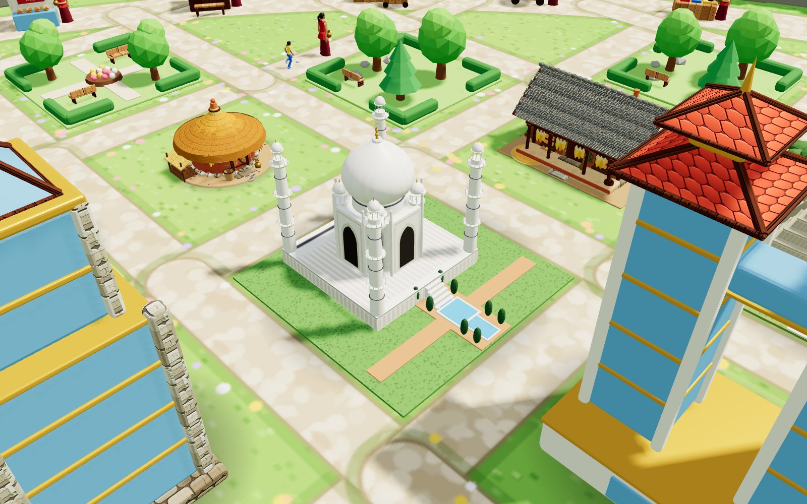 A marble mausoleum with four minarets and a reflecting pool among Nepali houses.